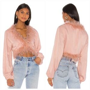 LPA Pink Feather-Trim Crop Blouse